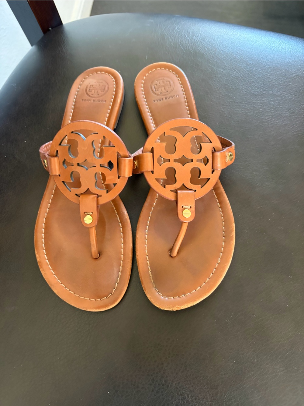 Tory Burch Cognac Leather Logo Thong Sandals